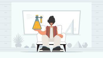 Person holding chemical carafe, learning subject. Trendy style, Vector Illustration