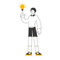 Man and light bulb. Idea concept. Vector. Isolated. Lines modern style. vector