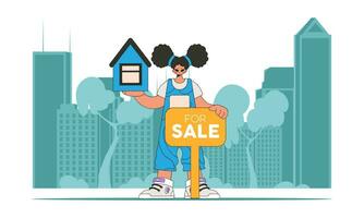 The concept Real estate home property. Girl realtor holds a house in her hands. vector