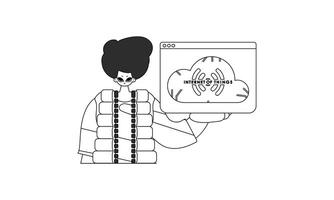 un chico mostrando un iot logo, en un vector lineal estilo