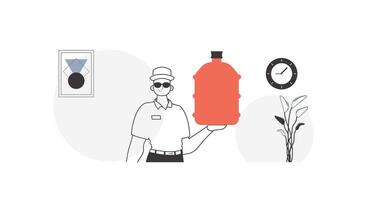 Deliveryman. holding a bottle of water in his hands. Water delivery concept. Linear style. vector