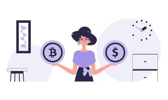 The concept of mining and extraction of bitcoin. A woman holds a coin of bitcoin and dollar in her hands. Character in trendy style. vector