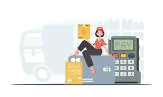 Home delivery concept. A woman courier sits on a bank card and holds a parcel. Cartoon style. Vector. vector