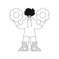A man grasps gears, linear illustration. vector