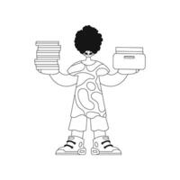 Guy holds stacks of papers in linear style. graphic. vector