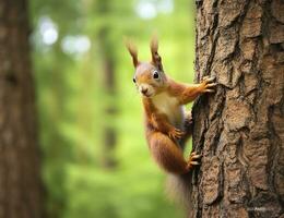 hermosa ardilla en un árbol en un bosque parque en el verano. generativo ai foto