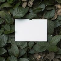 Blank business card on green leaves background. Generative AI photo