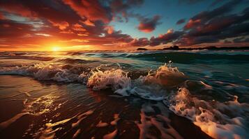 belleza de playa amanecer suave y dorado Oceano luz de sol, ai generativo foto