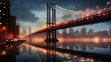 Luminous Reflections Nighttime Glow of a Famous Bridge, Generative AI photo