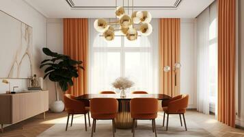 Timeless Elegance Dining Room with Table, Upholstered Chairs, and Chandelier, Generative AI photo