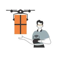 A man sends a package with a drone. Air delivery concept. Linear trendy style. Isolated on white background. Vector illustration.