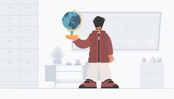 A cartoon man holding a globe in his hand vector