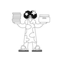 Girl stacks documents, linear vector illustration.