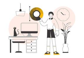 The designer guy holds a color wheel in his hands. Lines modern style. Vector. vector