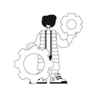 He's gripping various gears, in straightline formation, depicted with a vector image.