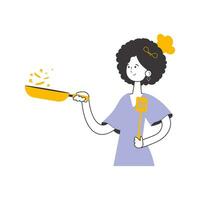 The girl the cook holds a frying pan. Linear style. Isolated. Vector. vector