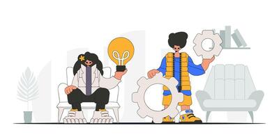 Stylish guy and girl generates ideas and solves problems. Light bulb and gears in their hands. Illustration on the theme of the appearance of an idea. vector