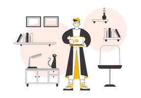 A man holds a laptop and presses play. illustration. Lines modern style. vector