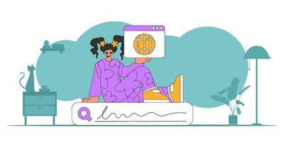 The concept of searching for information. A woman sits on the search bar and holds a browser window in her hands. Retro style character. vector