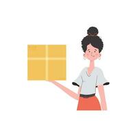 The woman is depicted waist-deep and holding a parcel in her hands. Delivery concept. Isolated. trendy style. Vector illustration.