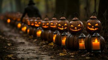 Jack-o'-lanterns en un escalofriante bosque, generativo ai foto