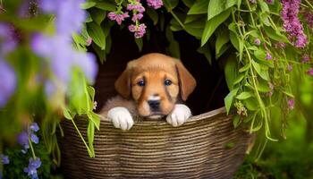 generativo ai, perrito amor un linda cachorro poses en un cesta en medio de un floral paraíso foto