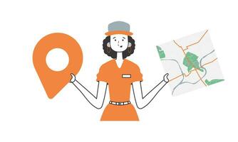 Girl with a map in her hands. Delivery concept. Linear trendy style. Isolated, vector illustration.