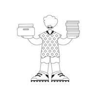 Man holds stacks of papers in linear illustration. vector