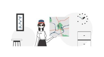 The woman is holding a map. Delivery concept. Linear style. vector