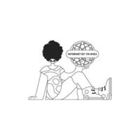 Illustration of man with tech logo. internet of things, linear style vector