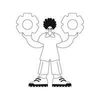 He grips gears in his grasp. Illustration done in format. vector