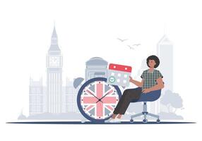 The concept of learning English. A man, a calendar with a marked date and a clock. Flat modern style. illustration. vector