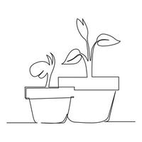 One line illustration design plant with pot icon vector