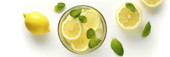 Lemonade in a glass with fresh lemons and mint. Cold summer drink with copy space. Generative AI photo