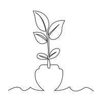 One line illustration design plant with pot icon vector