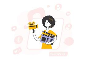 Line art style. Girl blogger. The concept of social networking. Vector illustration.