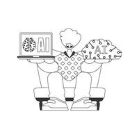 A cartoon man sitting on a chair with a laptop and a cloud vector