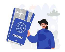 A woman holding a passport and an airplane vector