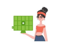 The girl holds a solar panel in her hand. Eco energy concept. Isolated on white background. Vector. trendy style. vector