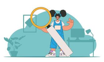 Concept Finding the necessary information on the Internet. The guy is holding a magnifying glass. Retro style character. vector