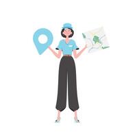 Girl water delivery operator holding a map. The trendy character is depicted in full growth. Isolated on white background. . vector