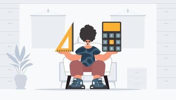 The person is holding a ruler and a calculator, learning subject. Trendy style, Vector Illustration