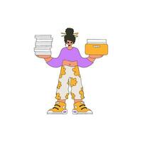 Fashionable girl holds stacks of documents in her hands. vector