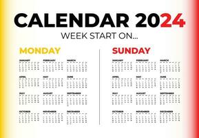 Vector calendar for 2024 on a white background. Week start on Monday and Sunday