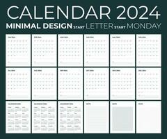 moderno mensual calendario Nota y planificador para 2024, el semana empieza en lunes, calendario en el estilo de minimalista diseño, letra tamaño. vector