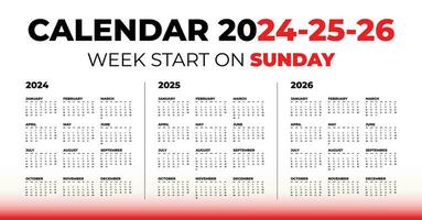 Vector calendar for 2024, 2025, 2026 on a white background. Week start on Sunday