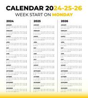 Vector calendar for 2024, 2025, 2026 on a white background. Week start on Monday