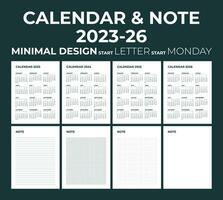 Modern monthly calendar and note for 2023, 2024, 2025, 2026, the week starts on Monday, calendar in the style of minimalist design, letter size vector