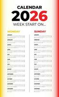 Vector calendar for 2026 on a white background. Week start on Monday and Sunday