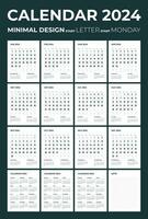 moderno mensual calendario y Nota para 2024, el semana empieza en lunes, calendario en el estilo de minimalista diseño, letra tamaño. vector